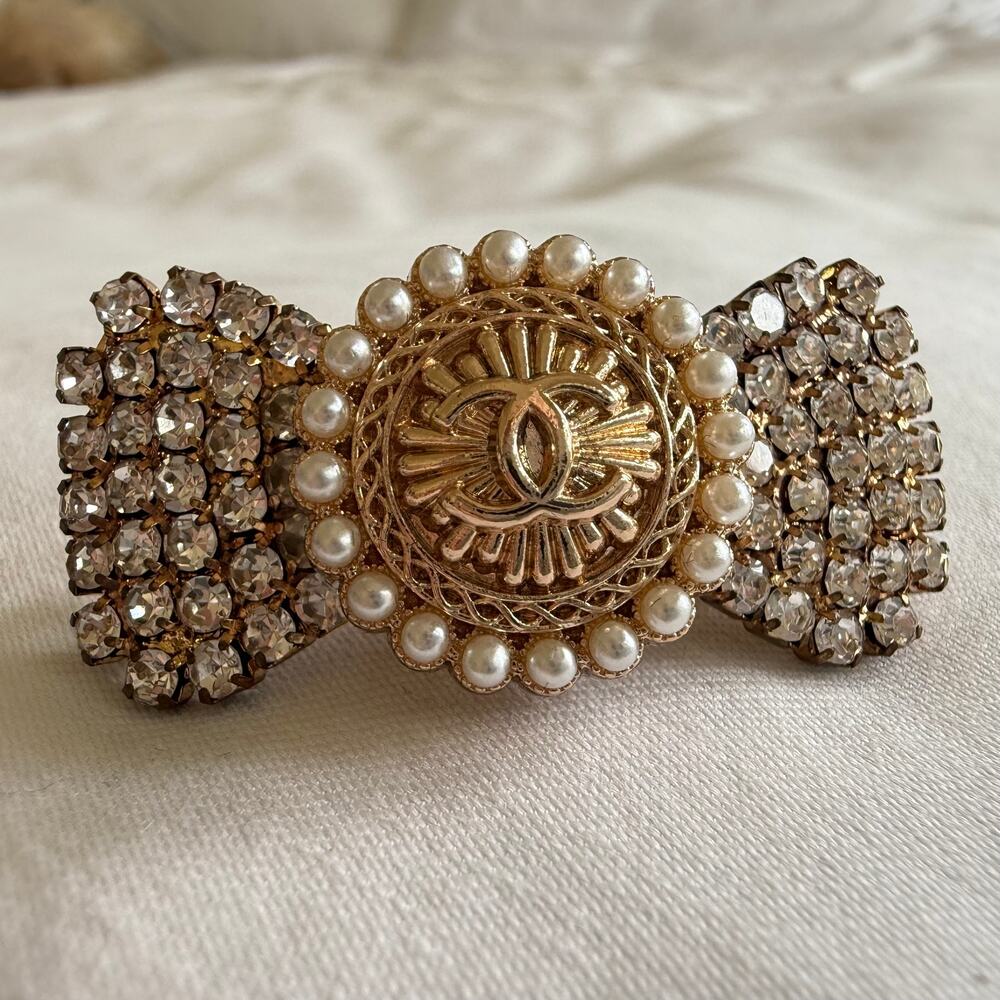 Repurposed Chanel Button Crystal Bow Barrette Faux Pearls & Rhinestones in Gold